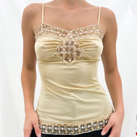 REVOLVE Tops - Y2K Gold yellow stretchy tank top lace with white trim and adjustable size XS/S